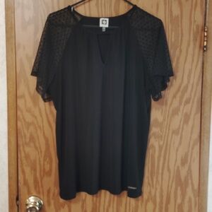 Anne Klein Black Sheer Dot Sleeve Blouse